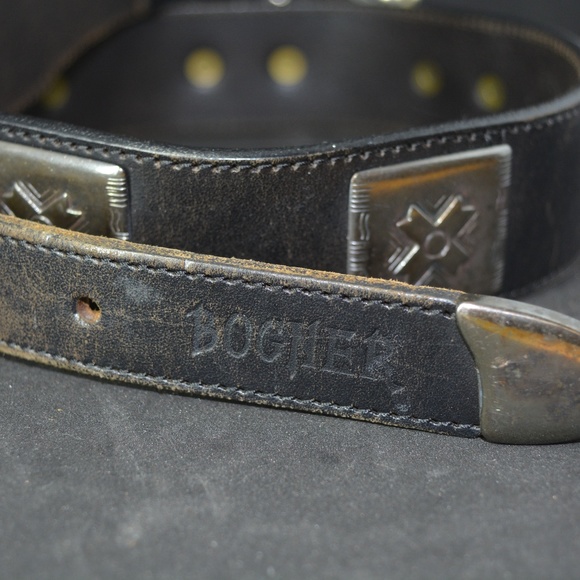 VTG BOGNER ONYX BLACK LEATHER BELT PEWTER ACCENTS - Picture 2 of 2